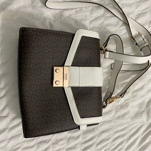 GUESS Brown Logo Crossbody with White Trim and Gold Hardware